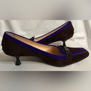 Tod’s Brown Suede Square Toe Loafers W/ Purple Trim Size 7.5